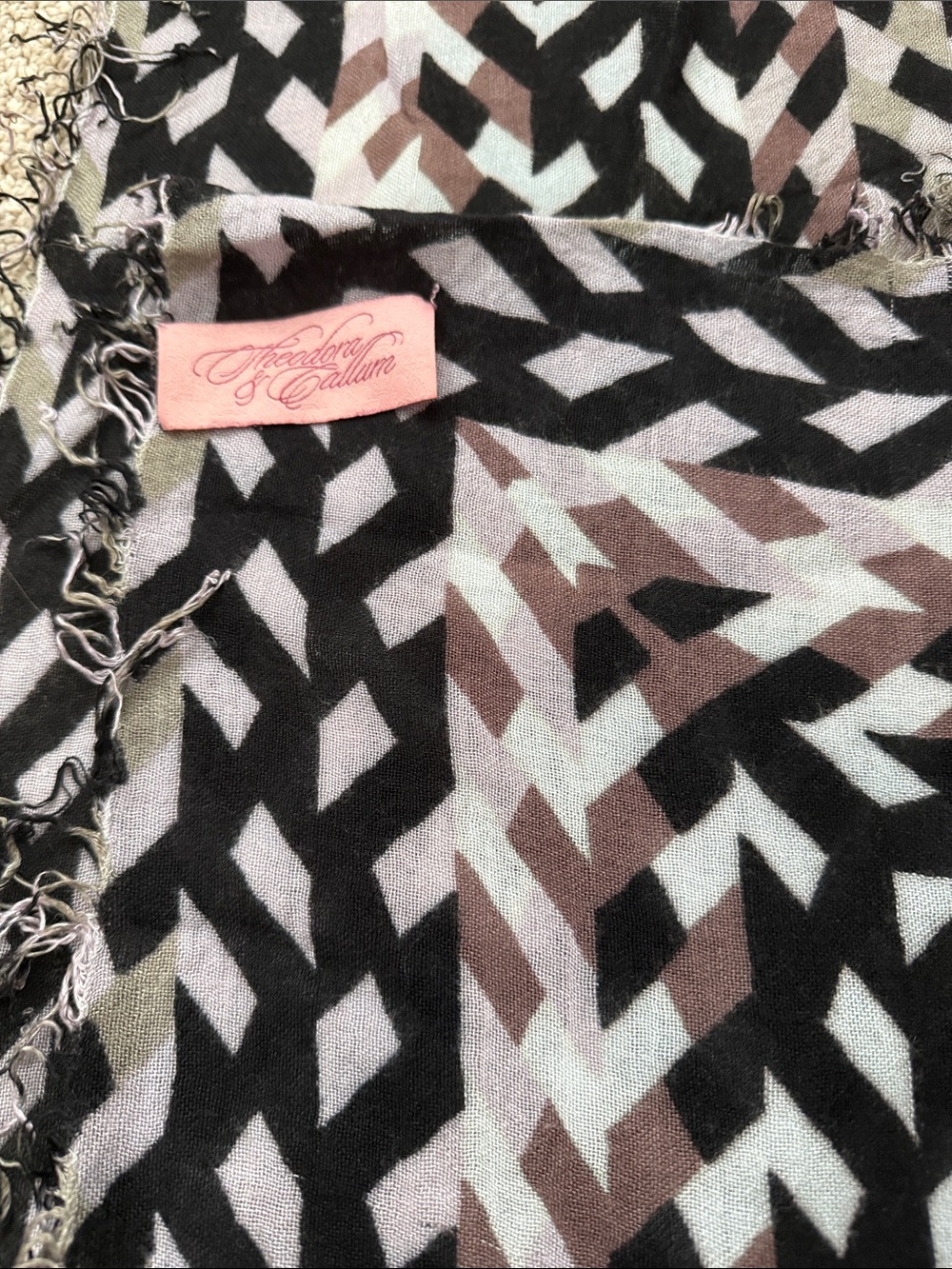Theodora & Callum Chevron Fringe Scarf in Black, Brown & Cream